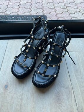 Valentino Garavani Black Leather Rockstud Wedge Sandals with Calfskin Straps